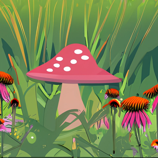 A Conflower and a Mushroom Walk In a Garden